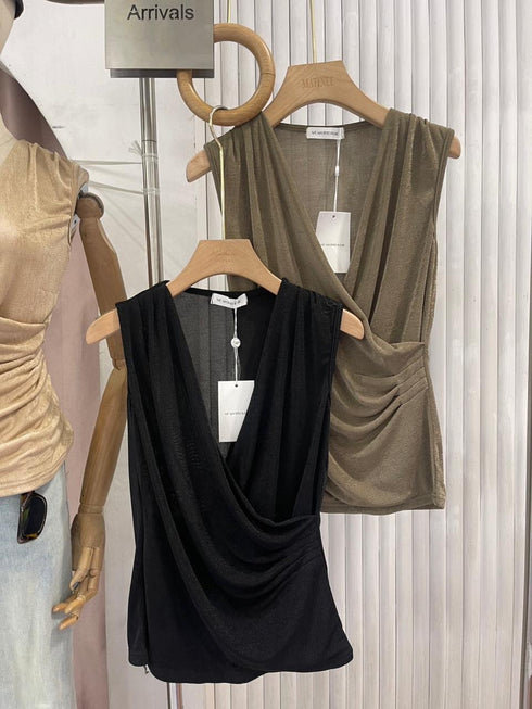 Sleeveless Wrap Design Ruched Tops